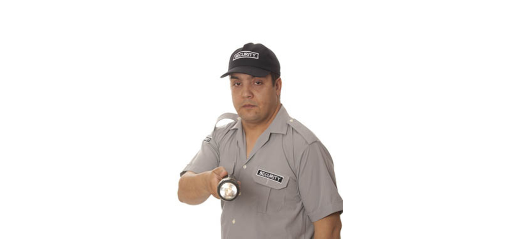 Security guard holding a flashlight, white background.