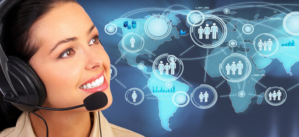 Smiling woman with headset and digital map.
